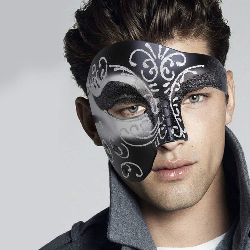 Thmyo Half Face Men's Phantom Of The Opera Vintage Design Venetian Carnival Masquerade Mask (Black&Silver 2) - Image 2